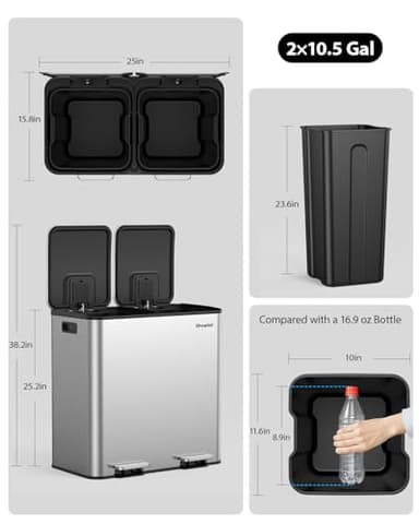 Lovewind Trash Can, 2 x 10.5 Gallon (2 x 40 L) Garbage Can for Kitchen Dual Compartment Recycling Kitchen Step Trash Bin, Stainless Steel Trash and Recycle Bin Combo with Soft-Close Lid, Silver - Image 8