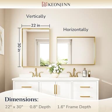 Keonjinn Brushed Shiny Gold Bathroom Mirror 22 x 30 Inch, Rectangle Gold Vanity Mirror for Wall, Aluminum Alloy Metal Framed, Modern Farmhouse, Square Corner, Brass Mirrors for Over Sink - Image 2