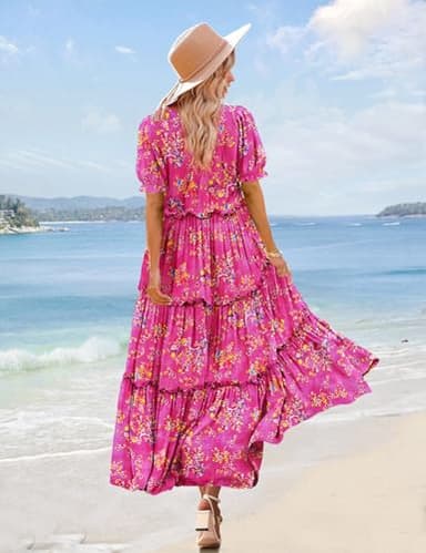 YESNO Summer Casual Bohemian Floral Dresses for Women Puff Short Sleeve Long Maxi Dress with Pockets (L ETX CR26) - Image 4