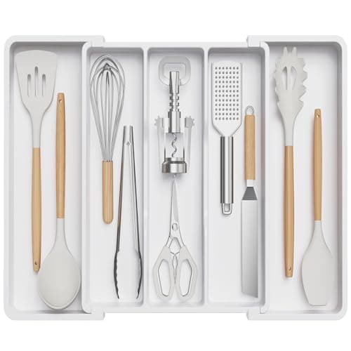 Lifewit Utensil Organizer for Kitchen Drawers, Expandable from 13‘’ to 22.4'', 15'' Depth, Plastic Cutlery Silverware Flatware Holder, Spatula Tools and Gadgets Storage, Large, White - Image 1