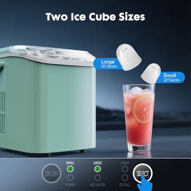 Sweetcrispy Countertop Ice Maker with Scoop, Basket and Handle, Portable Ice Machine 9 Ice Cubes Ready in 6 Mins, 26.5lbs in 24Hrs, 2 Sizes for Home Kitchen Office Bar Party, Green - Image 4