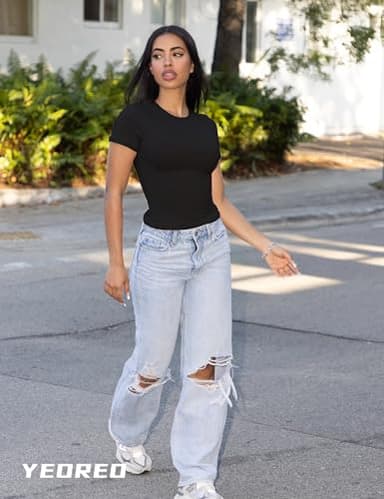 YEOREO Women Fitted Workout Tops Short Sleeve Double Lined Basic Y2K Going Out Crew Neck Compression Crop Top Black S - Image 2