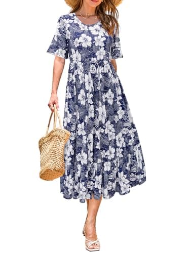 STYLEWORD Women's Summer 2025 Casual Short Sleeve Tiered Flowy Spring Dress Long Midi Beach Sundress Vacation Outfits(Floral05,L) - Image 1