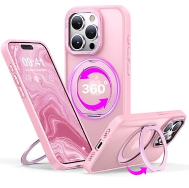 QTlier case for iPhone 15promax, 360 Rotatable Ring Stand, Raised Camera Frame, Shockproof with MagSafe Pink - Image 1