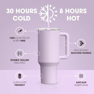 osse 40oz Tumbler with Handle and Straw Lid | Double Wall Vacuum Reusable Stainless Steel Insulated Water Bottle Travel Mug Cup | Modern Insulated Tumblers Cupholder Friendly (Orchid) - Image 2