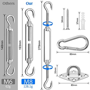 HYASIA Sun Shade Sail Hardware Kit 8 Inch for Rectangle & Triangle Shade Sail Install, Stainless Steel ShadeSail Fixing Accessories for Outdoor Patio Canopy Garden, Heavy Duty Awning Attachment 40 Set - Image 2