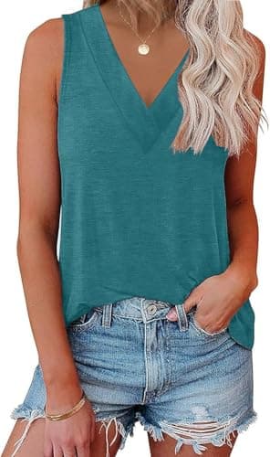 EyMuse Womens Tank Tops 2025 Summer Beach Vacation Outfits V Neck Loosefit Sleeveless Casual Cruise Shirt Fashion Clothes,Lake Blue,S - Image 1