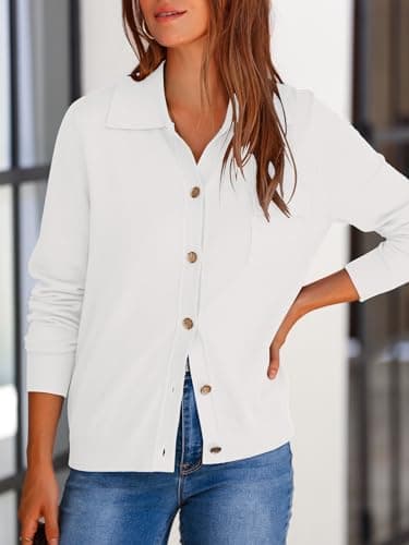 PRETTYGARDEN Women's 2025 Fall Long Sleeve Knitted Button Down Shirts Light Collar Cardigan for Women Dressy Casual Tops (White, Medium) - Image 3