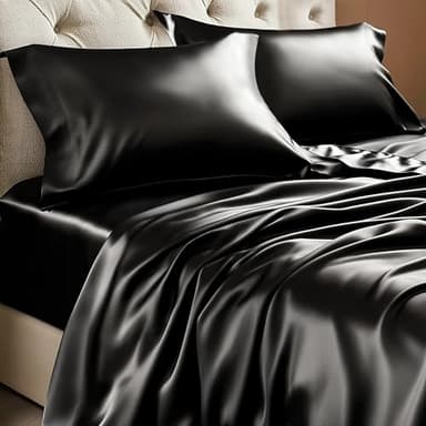 BEDELITE Satin Sheets Full Size Bed Set, Luxury Soft Black Silky Sheets for Hair and Skin, Similar to Silk Bed Sheets Set 4 Pieces with 1 Deep Pocket Fitted Sheet, 1 Flat Sheet, and 2 Pillowcases - Image 1