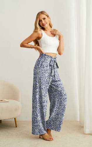 IWOLLENCE Women's Wide Leg Pants with Pockets High Waist Adjustable Knot Loose Casual Trousers Business Work Casual Pants Blue White Flower S - Image 4