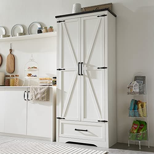 JXQTLINGMU Farmhouse Kitchen Pantry Cabinet - 72" Tall Wood Kitchen Storage Cabinets with Adjustable Shelves & 2 Barn Style Doors & Drawer, Versatile Storage for Dining Room, Bathroom, Antique White - Image 1