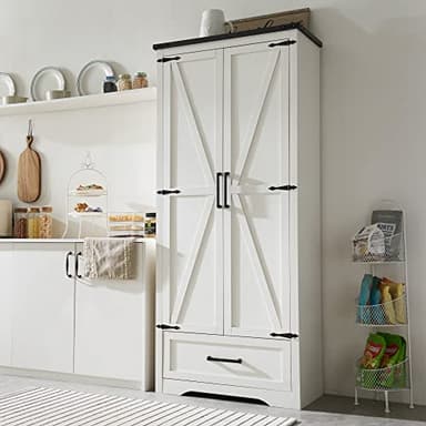 JXQTLINGMU Farmhouse Kitchen Pantry Cabinet - 72" Tall Wood Kitchen Storage Cabinets with Adjustable Shelves & 2 Barn Style Doors & Drawer, Versatile Storage for Dining Room, Bathroom, Antique White - Image 1