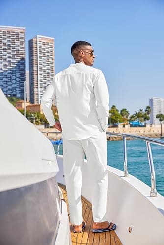 COOFANDY Men's White Linen Pants and Shirt Set Casual Beach Yoga Outfits 2 Piece Cotton Linen Henley Shirts Loose Pants Sets - Image 4
