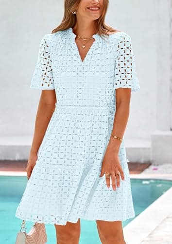 PRETTYGARDEN Eyelet Dresses for Women 2025 Summer Short Sleeve V Neck Hollow Out Ruffle A Line Boho Beach Vacation Mini Dress (Light Blue,Large) - Image 5