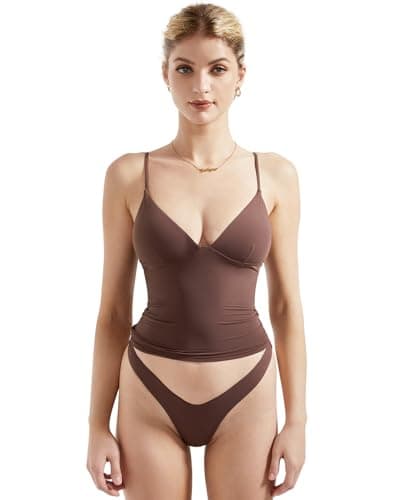 SUUKSESS Women Sexy Deep V Neck Sleeveless Fitted Basic Tops Y2K Going Out Crop Tank Top Camisole (Brown,S) - Image 1