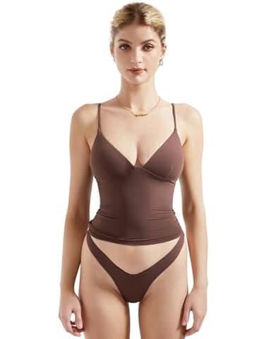 SUUKSESS Women Sexy Deep V Neck Sleeveless Fitted Basic Tops Y2K Going Out Crop Tank Top Camisole (Brown,S) - Image 1