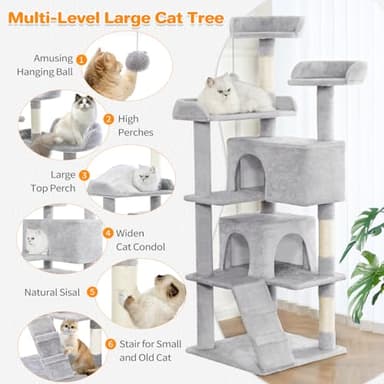 Made4Pets Cat Tree 54in Cat Tower for Indoor Cats Kitten Tree Multi-Level Cat Tree with 2 Condo Furniture Activity Center with Scratching Posts Funny Toys Kittens Pet Play House, Light Grey - Image 2
