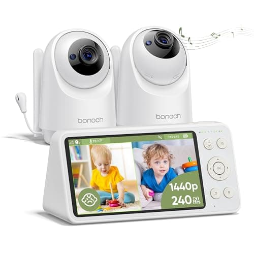 bonoch 5.5" 1440p Baby Monitor with 2 Cameras, Dual Video Monitor with Split Screen, Smart No WiFi Baby Camera, Detect Sleep Turn Over/Cry/Motion, 240h Lasting, WPA3 Hack Proof, White Noise