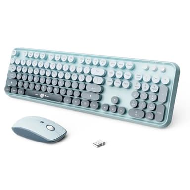 Wireless Keyboard and Mouse Combo, 2.4GHz Colorful Cute Round Keycaps Keyboard for Office Computer PC Desktops Laptop (104 Keys Blue Green) - Image 1