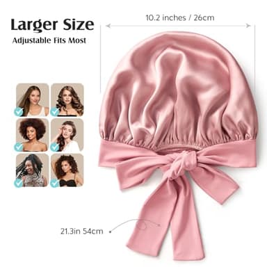 YFONG 100% 22 Momme Mulberry Silk Bonnet for Sleeping Women, Larger Double Layer Silk Hair Wrap for Curly Short Long Hair, Non-Slip Sleep Cap Turban with Elastic Tie Band for Hair Care, Pink - Image 5