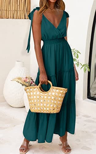 PRETTYGARDEN Women's Cross Neck Summer Sleeveless Tiered Maxi Dress Beach Tie Strap Smocked Long Dresses Pleated Sundress (Blue Green,Small) - Image 6