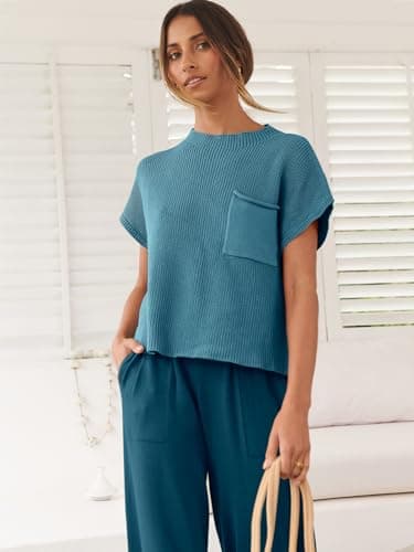 ANRABESS Women's Two Piece Outfits Knit Sweater Vest Crop Top Pants Lounge Matching Tracksuit Sweatsuit Travel Clothes Sets Blue X-Large - Image 6