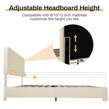 Queen Size Boucle Bed Frame, Modern Cream Bed Frame with Headboard, Soft Rounded Corners, No Box Spring Required, Adjustable Headboard, Easy Assembly - Image 5