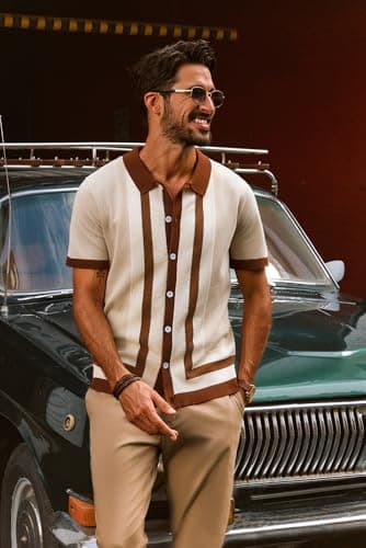 PJ PAUL JONES Mens Retro Polo Shirt Short Sleeve Button Up Knitted Italian Vintage 70s Shirts for Men Spring Summer Apricot M - Image 3