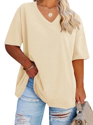 Fisoew Women's Plus Size V Neck T Shirts Summer Half Sleeve Tees Casual Loose Fit Cotton Tunic Tops Beige - Image 1