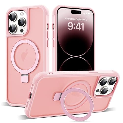 SKYLMW Compatible with iPhone 14 Pro Case with Invisible Magnetic O-Ring Stand Military-Grade Translucent Case for iPhone 14 Pro 6.1" [Compatible with MagSafe][Great Grip Feeling], Pink - Image 1