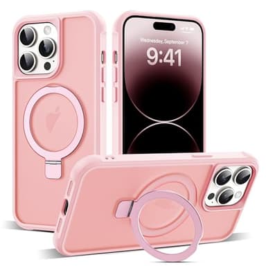 SKYLMW Compatible with iPhone 14 Pro Case with Invisible Magnetic O-Ring Stand Military-Grade Translucent Case for iPhone 14 Pro 6.1" [Compatible with MagSafe][Great Grip Feeling], Pink - Image 1