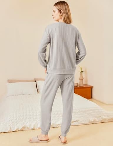 Ekouaer Waffle Knit Lounge Sets for Women Long Sleeve Pajamas Set with Pockets 2 Pieces Outfits Top and Pants Light Grey - Image 4