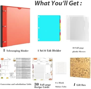 INFUN 1 Inch Telescoping 3 Ring Binder with 8-Tab Dividers, 30 Sheet Protectors and Labels – Compact Binder for Recipes, Documents and Notes, Includes 30 Recipe Cards –Red - Image 4