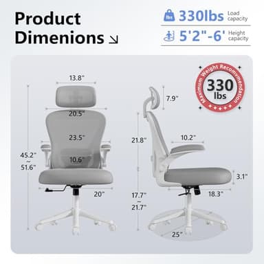 SeekFancy Computer Desk Chair, Ergonomic Office Chair M903 with Wheels, High Back Mesh Office Chair with Adjustable Lumbar Support, Headrest, Flip-Up Armrests, Withe Grey - Image 2