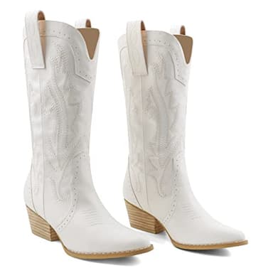 Zzheels Women Mid-calf Cowboy Boots Pointy Toe Boot Embroidered Western Cowgirl Boots Chunky Heels White US6 - Image 1