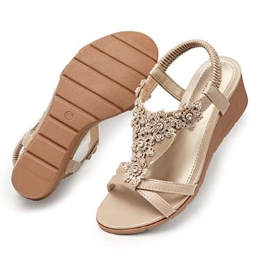 TEMOFON Womens Sandals Wedge Low: Summer Open Toe Wedges - Dressy Casual Beach Platform - Comfortable Elastic Ankle Strap Sandal Nude Size 7 - Image 7