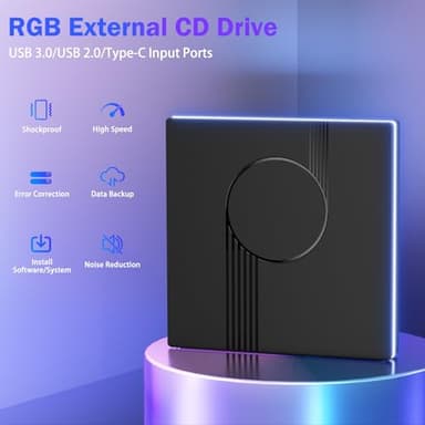 RGB External CD/DVD Drive for Laptop, External CD Drive USB 3.0 Type-C Portable DVD Player, CD Burner +/-RW Optical Drive, Slim CD ROM External Drive for Laptop Desktop PC Windows Mac (Black) - Image 6