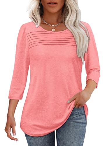 Womens Tops Dressy Casual School Outfits for Teachers Spring Summer 3/4 Length Sleeve Plus Size Women Blouses Business Work Tshirts Shirts Beach Fashion Coral 2XL - Image 1