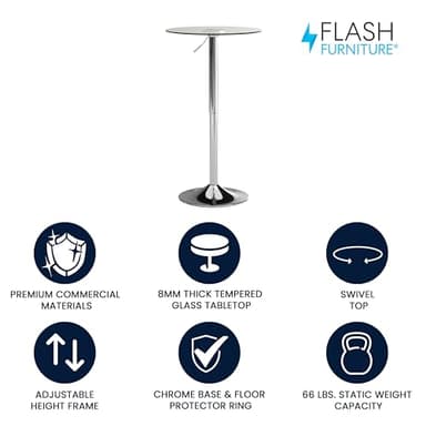 Flash Furniture Chad 23.5'' Round Glass Cocktail Table with Adjustable Height Frame, Bar Height Table for Commercial or Residential Use, Clear/Chrome - Image 3
