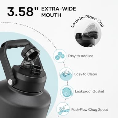 BUZIO 1 Gallon Water Bottle Insulated, (Cold for 48 Hrs) 3.58in Big Wide Mouth Leak Proof, 128oz Large Water Jug Stainless Steel Metal Flask with Handle for Camping,Outdoor Work,Travel,Hiking, Black - Image 3