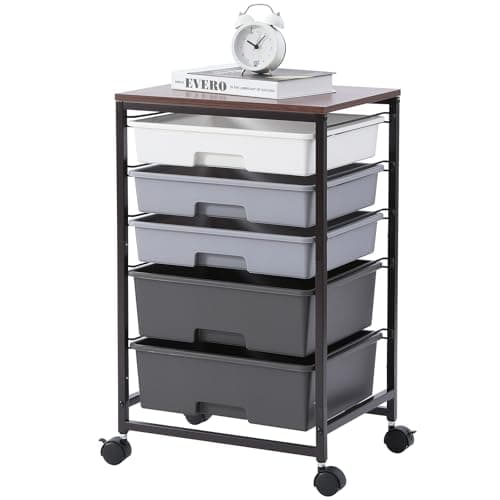 SYKIARIOL Utility Cart with 5 Drawers,Storage Drawer Cart with Wooden Tabletop and Lockable Wheels,Craft Storage Trolley Cart,5-Tier Rolling Utility Cart on Wheels,Dark Grey - Image 1