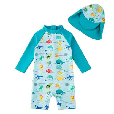 upandfast Baby/Toddler Swimsuit UPF 50+ Sun Protection One Piece Zipper Bathing Suit with Sun Hat Infant Beach Swimwear (Marine Life,6-9 Months) - Image 1