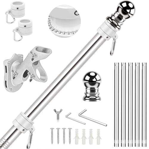 Flag Pole Kit, Upgraded 6 FT Tangle Free Flag Poles with 1 Inch 360° Rotating Rings and 2-Position Holder, Stainless Steel Wall Mounted Flagpoles for Outside House, Outdoor Porch, Residential - Image 1