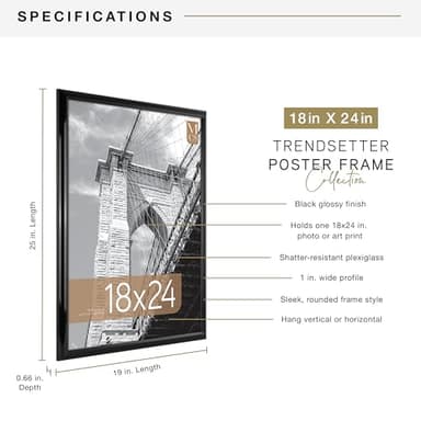 MCS Trendsetter 18x24 Poster Frame Black High-Gloss, Vertical & Horizontal Wall Hanging Large Picture Frame for Photos, Posters & Art Prints (1-Pack) - Image 4