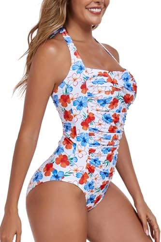 Smismivo Tummy Control Swimsuit Halter One Piece Slimming Vintage Retro Plus Size Bathing Suit Womens Ruched Push Up Swimwear for Teen White Floral S - Image 3
