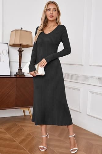 Arach&Cloz 2025 Spring Womens V Neck Long Sleeve Sweater Dress Ribbed Knit Slim Fit Midi Dress Fashion Clothes Black - Image 3