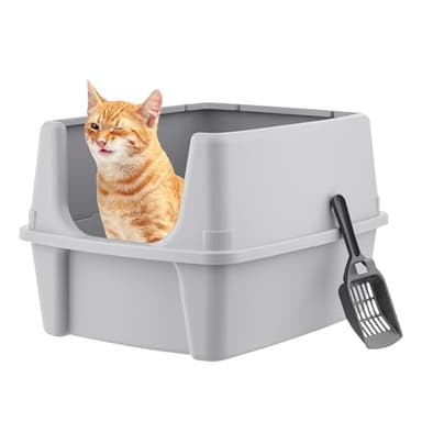 IRIS USA Large Cat Litter Box with Scatter Shield and Scoop, Open Top High Sided Cat Litter Pan, Silver - Image 6