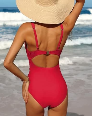 Charmo Womens One Piece Swimsuit Ruched Tummy Control High Cut Backless V Neck Bathing Suits Swimwear - Image 4