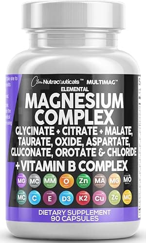 Clean Nutraceuticals Magnesium Complex with Magnesium Glycinate Citrate Malate Oxide Taurate Aspartate Orotate & Mag Chloride, Zinc Copper Manganese & Vitamin C B1 B2 B6 B12 Complex - 1Pack - Image 1