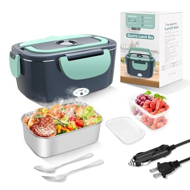 Electric Heated Lunch Boxes Adults: 80W Electric Lunch Box Food Heated 12/24/110V 1.5L Heatable Lunch Box for Car/Truck/Office Leak-Proof Stainless Steel Container, Fork & Spoon, Bag (Grey+Green) - Image 1